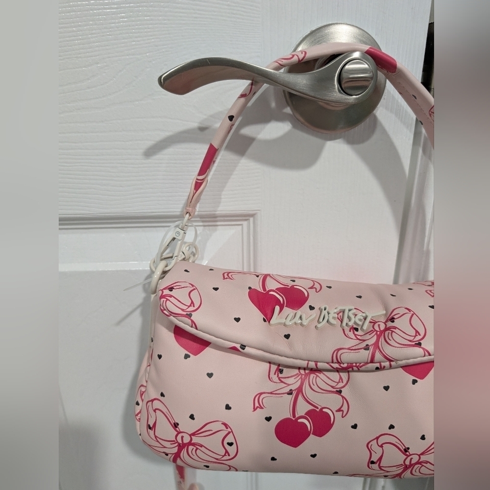 NWT Luv Betsey Pink Bow Cherries Black Hearts Crossbody Purse W/ Cherry Pompoms - Picture 2 of 10